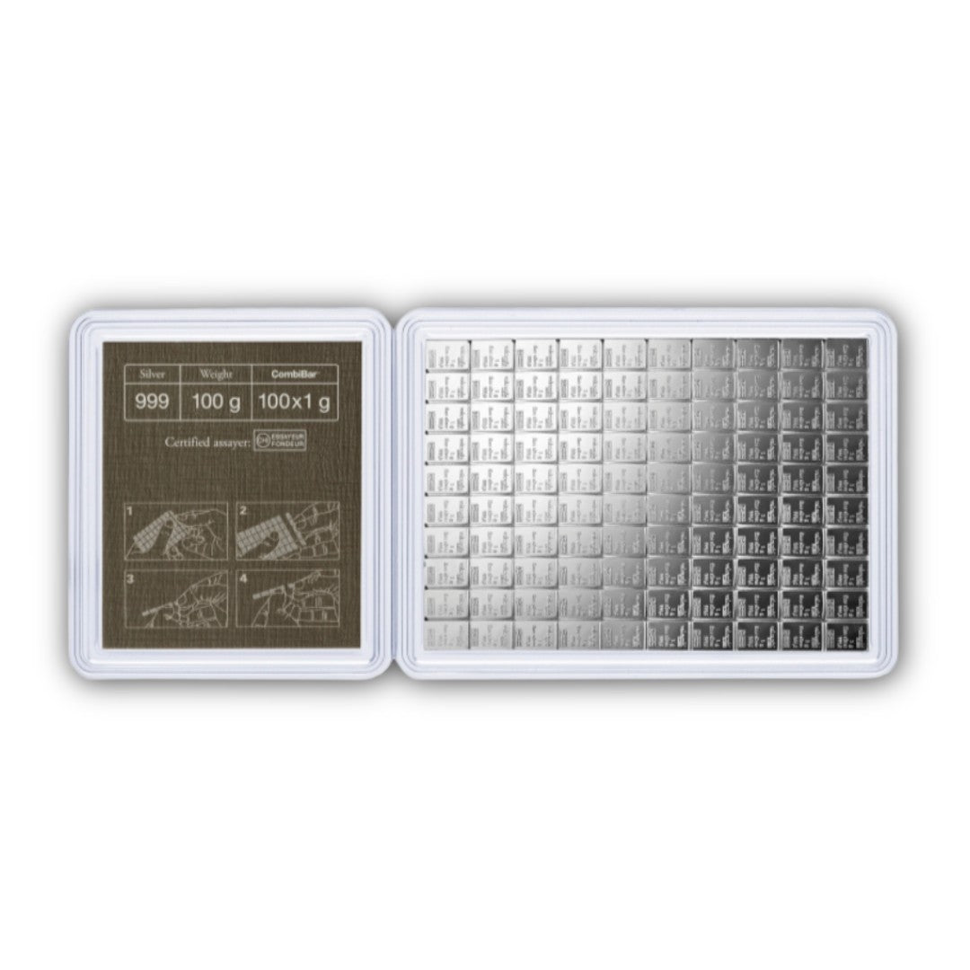 100 Gram Silver Bar - Valcambi CombiBar with Assay
