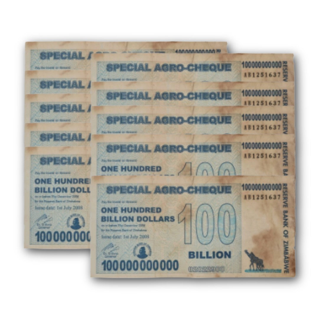 10x Zimbabwe 100 Billion Dollars Special Agro Cheque, 2008 Used Cir