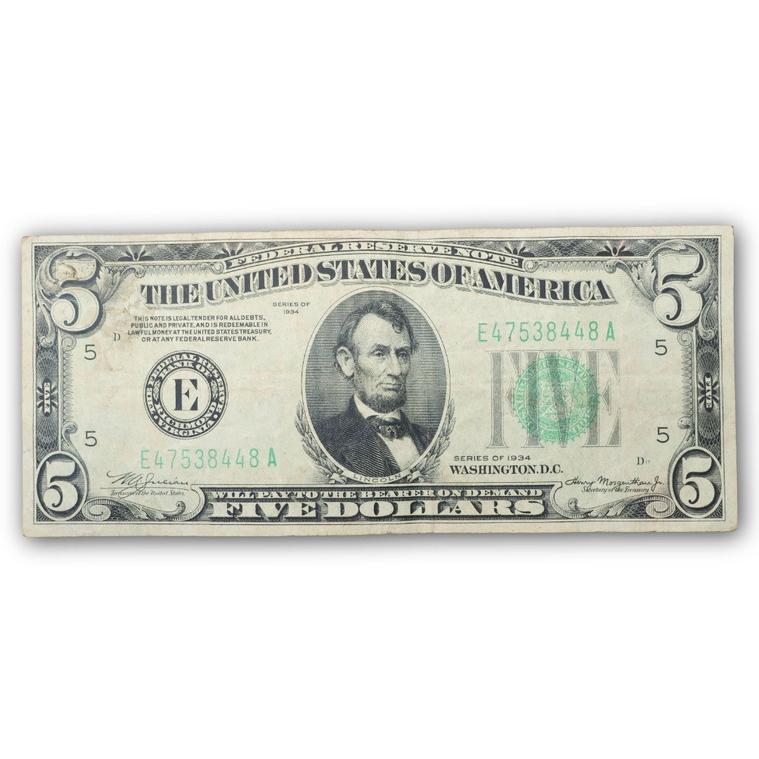 1934 $5 Dollar Federal Reserve Note F/VF