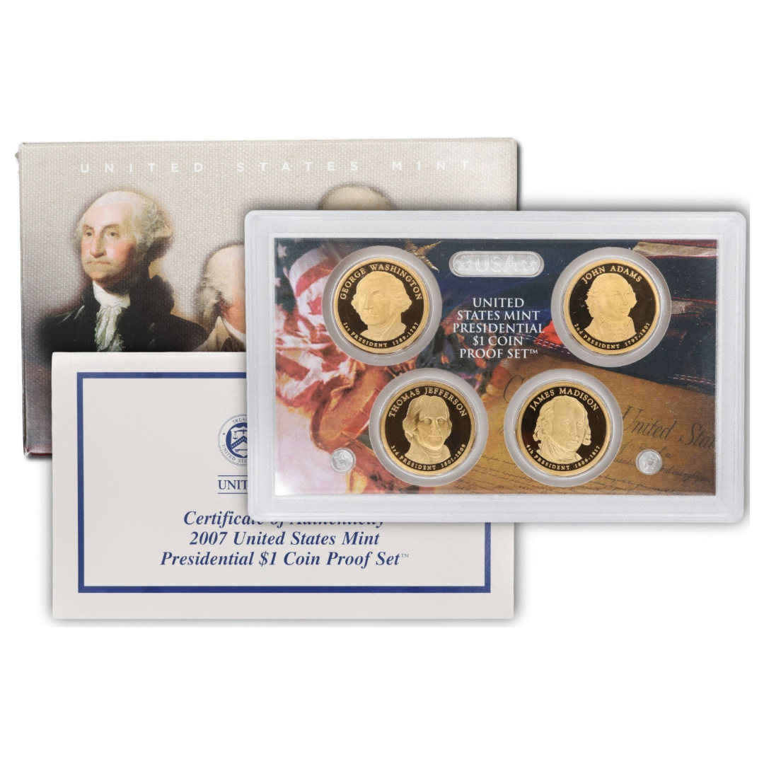 2007 S Presidential Dollar Proof Set 4 Coins Original Box & COA